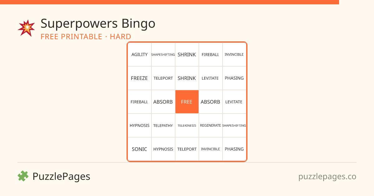 Superpowers Hard printable bingo preview — free to print from PuzzlePages