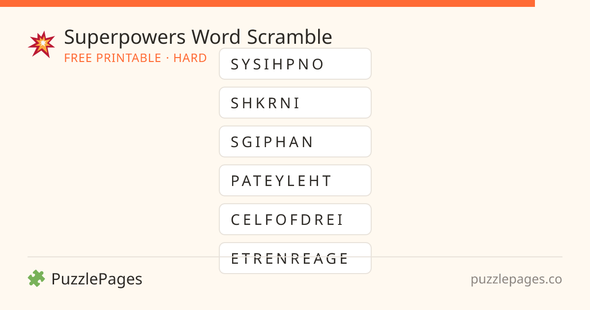 Superpowers Hard printable word scramble preview — free to print from PuzzlePages