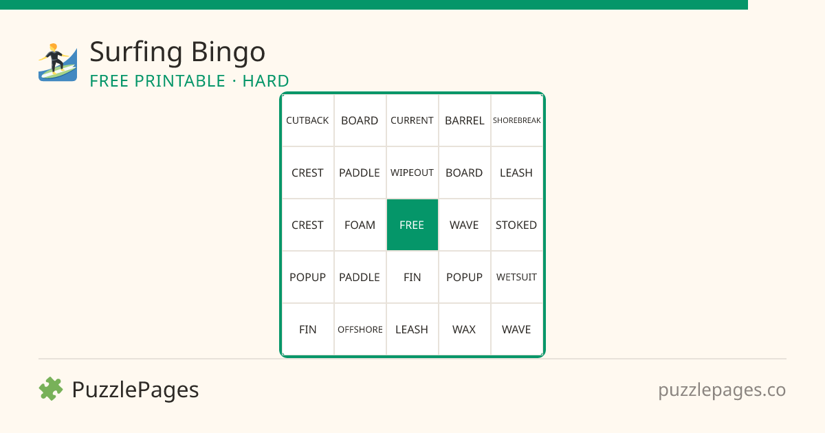 Surfing Hard printable bingo preview — free to print from PuzzlePages