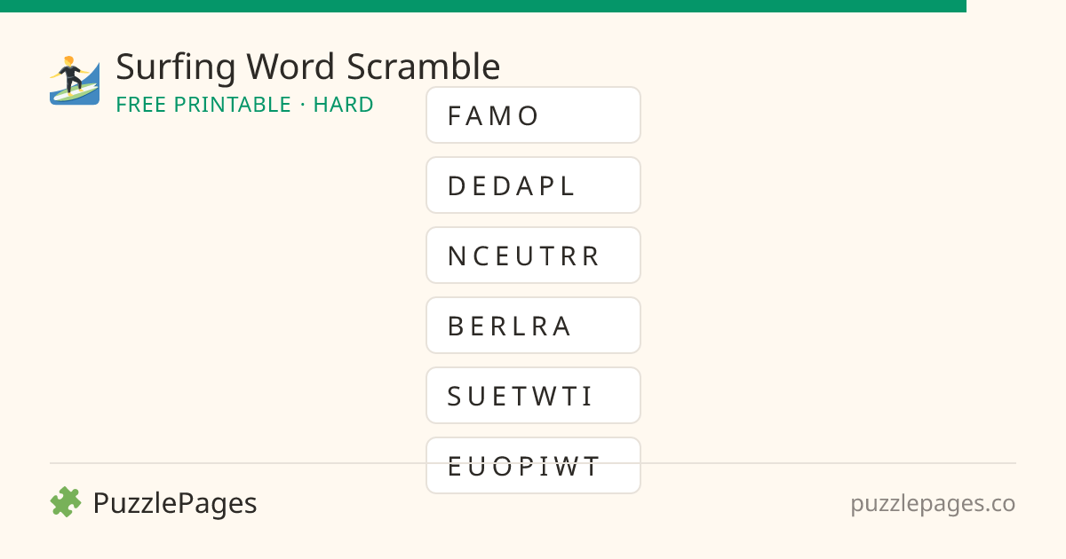 Surfing Hard printable word scramble preview — free to print from PuzzlePages