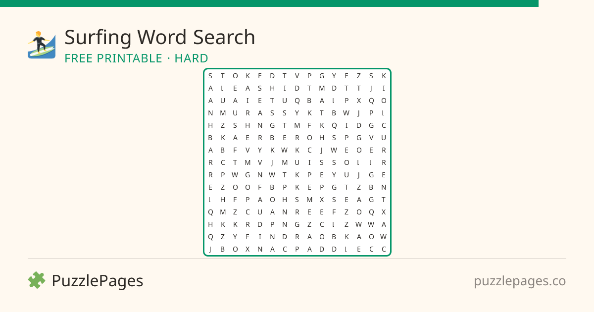 Surfing Hard printable word search preview — free to print from PuzzlePages