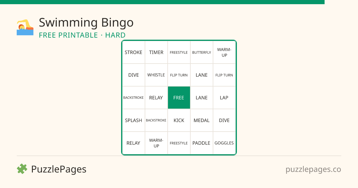 Swimming Hard printable bingo preview — free to print from PuzzlePages