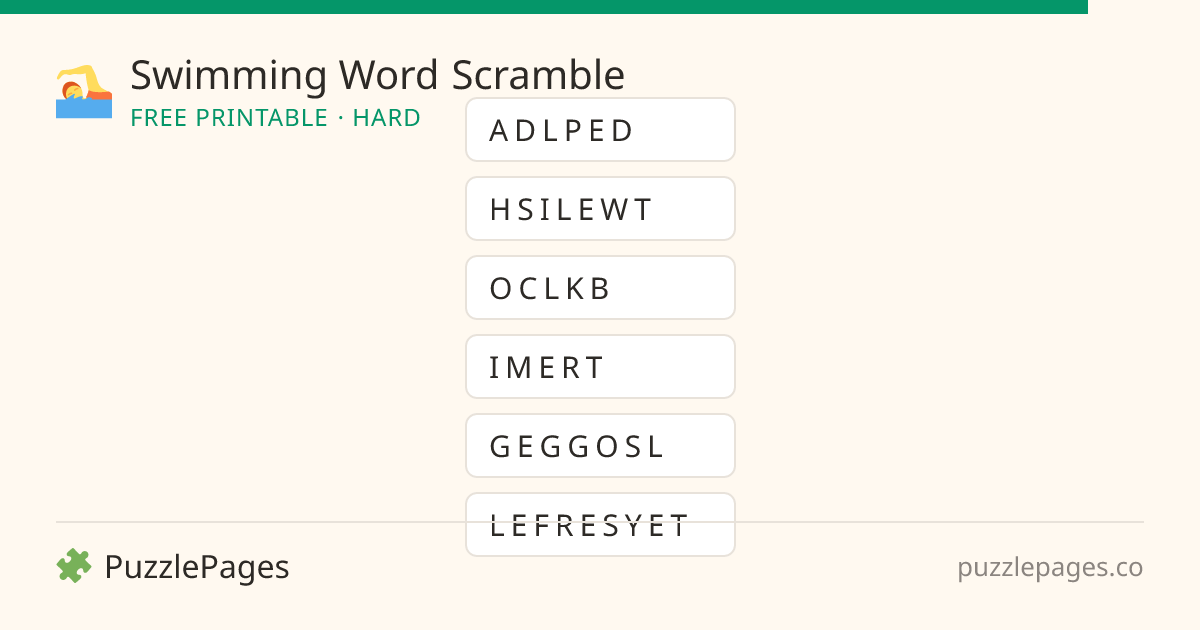 Swimming Hard printable word scramble preview — free to print from PuzzlePages