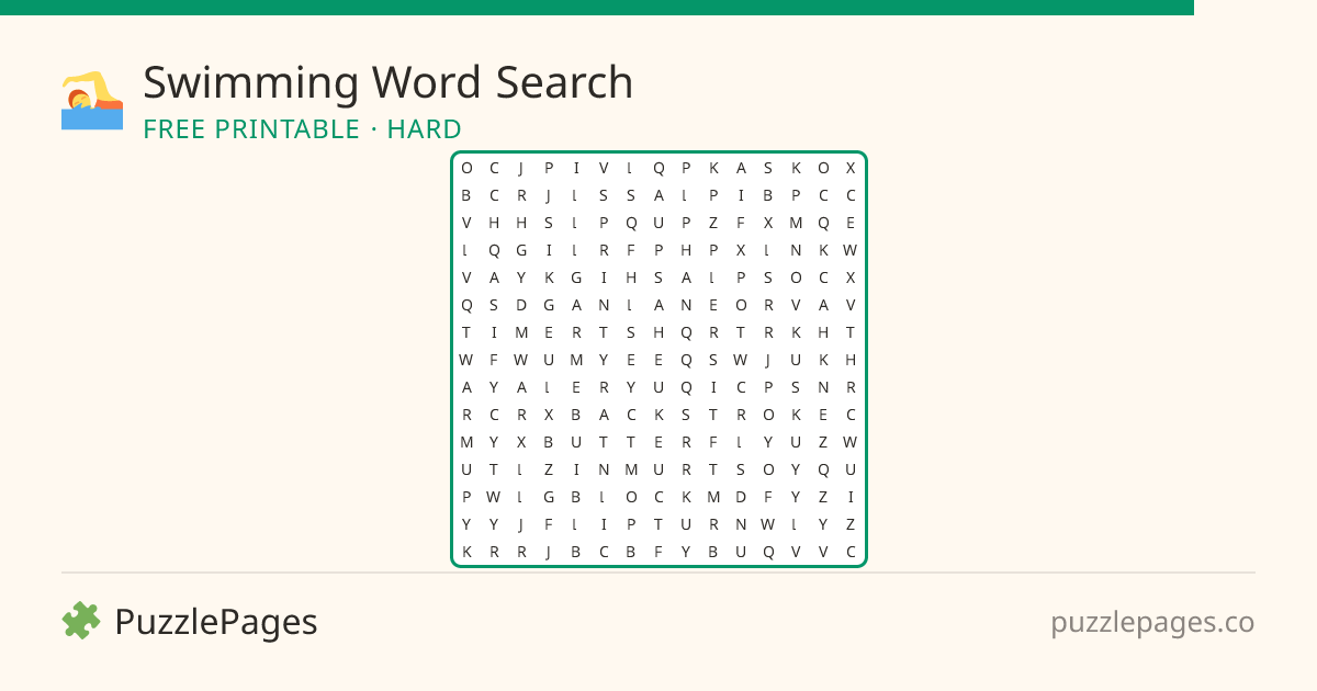 Swimming Hard printable word search preview — free to print from PuzzlePages