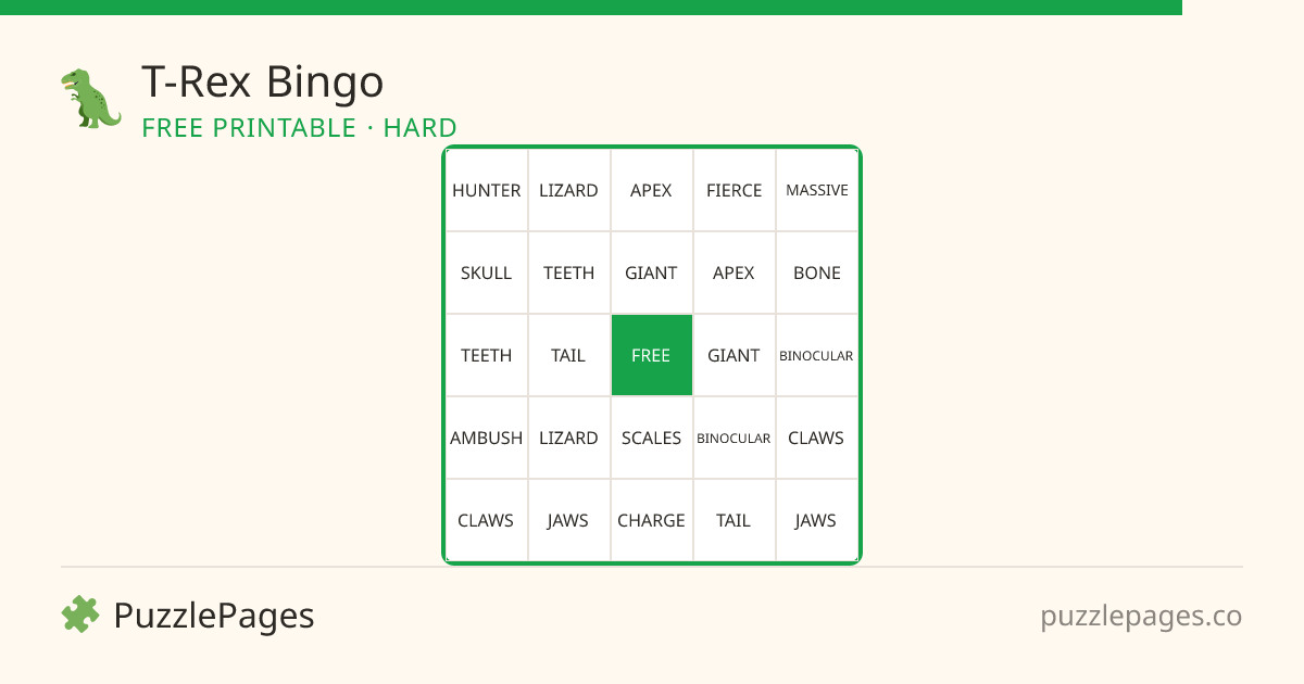 T-Rex Hard printable bingo preview — free to print from PuzzlePages