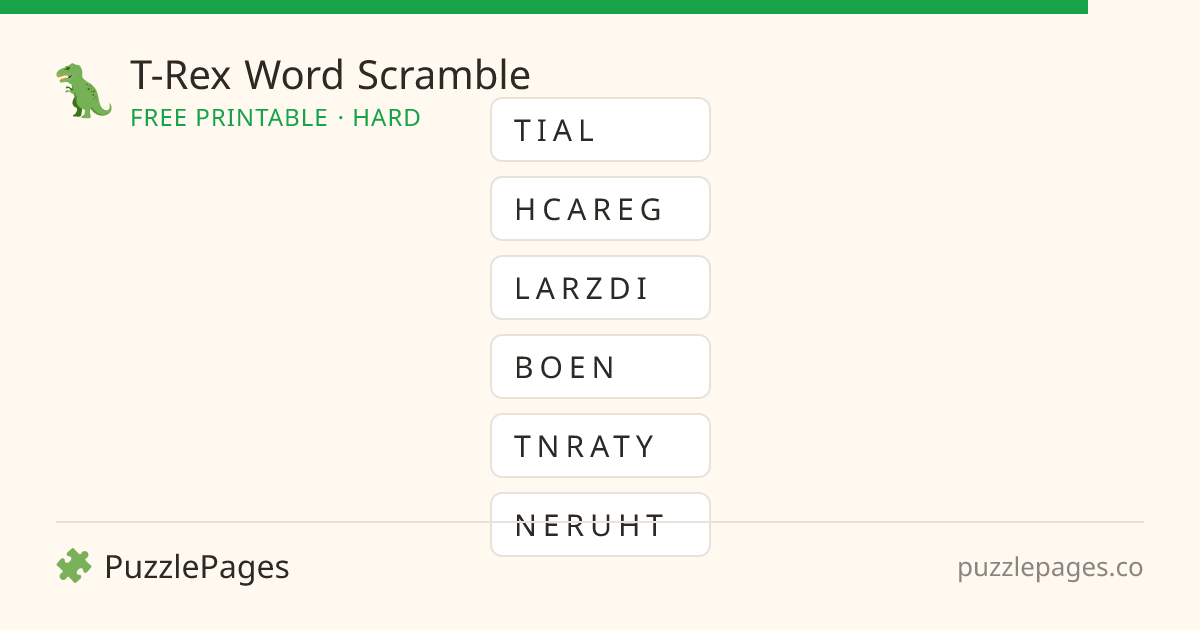 T-Rex Hard printable word scramble preview — free to print from PuzzlePages