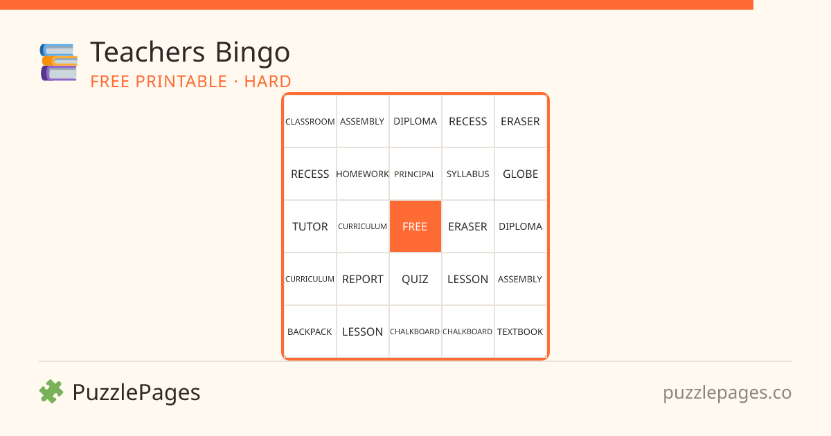 Teachers Hard printable bingo preview — free to print from PuzzlePages