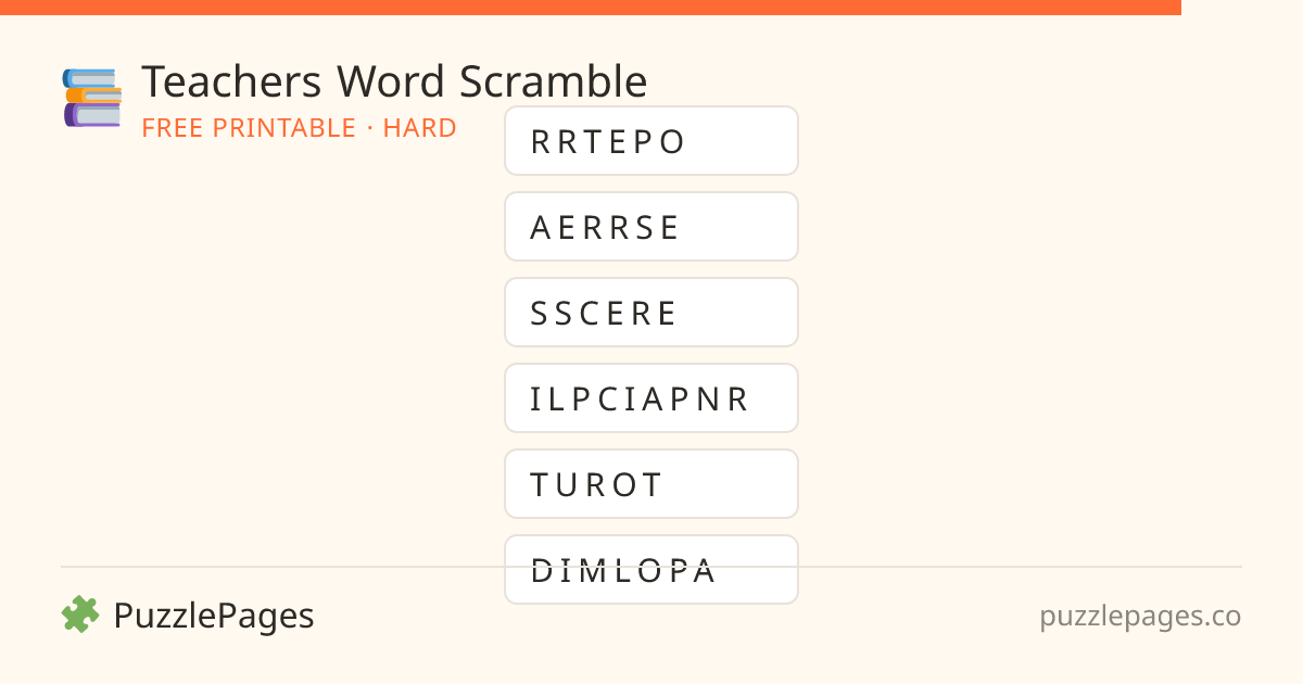 Teachers Hard printable word scramble preview — free to print from PuzzlePages