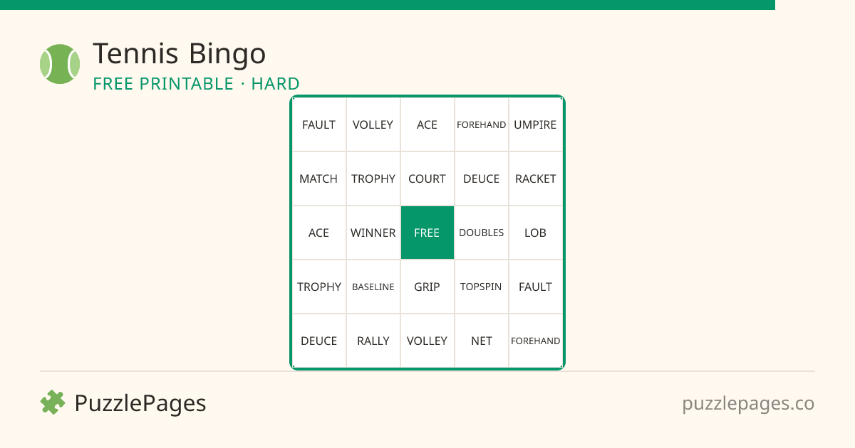 Tennis Hard printable bingo preview — free to print from PuzzlePages