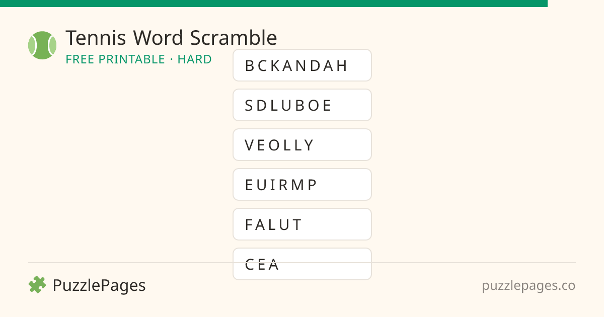 Tennis Hard printable word scramble preview — free to print from PuzzlePages