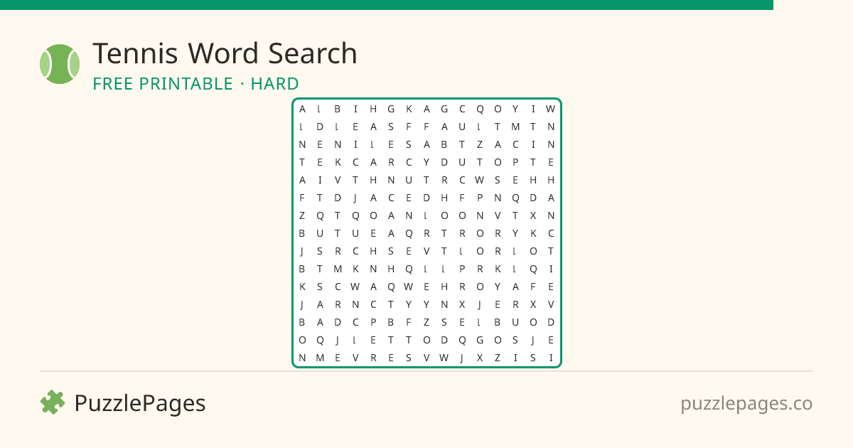 Tennis Hard printable word search preview — free to print from PuzzlePages