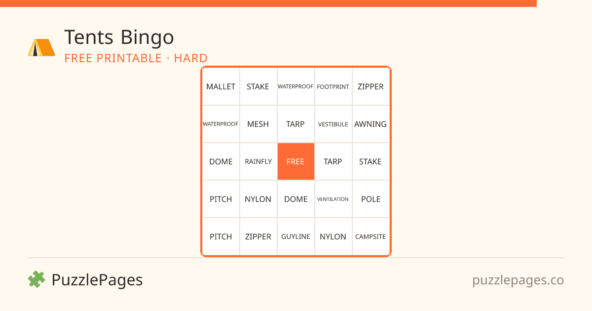 Tents Hard printable bingo preview — free to print from PuzzlePages