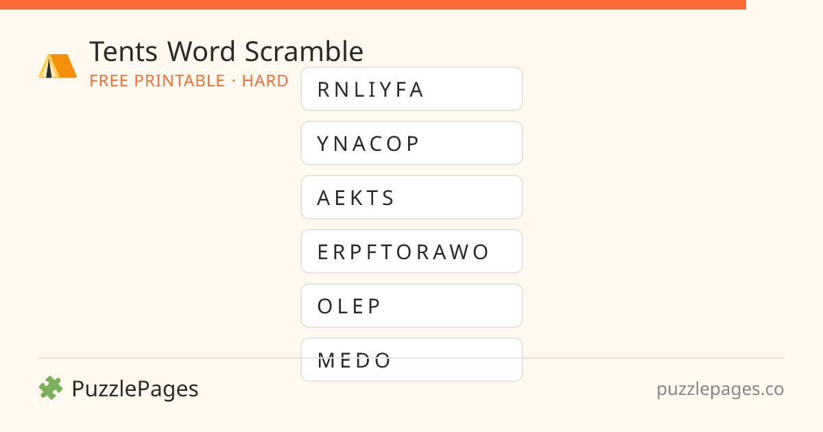 Tents Hard printable word scramble preview — free to print from PuzzlePages