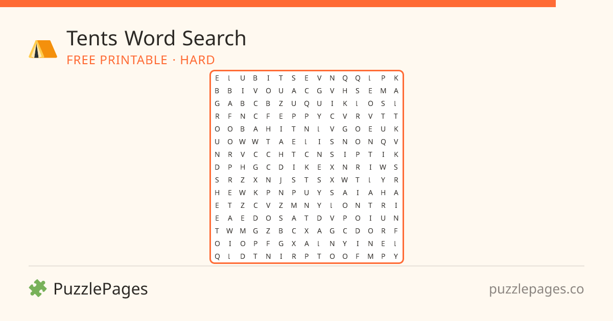 Tents Hard printable word search preview — free to print from PuzzlePages