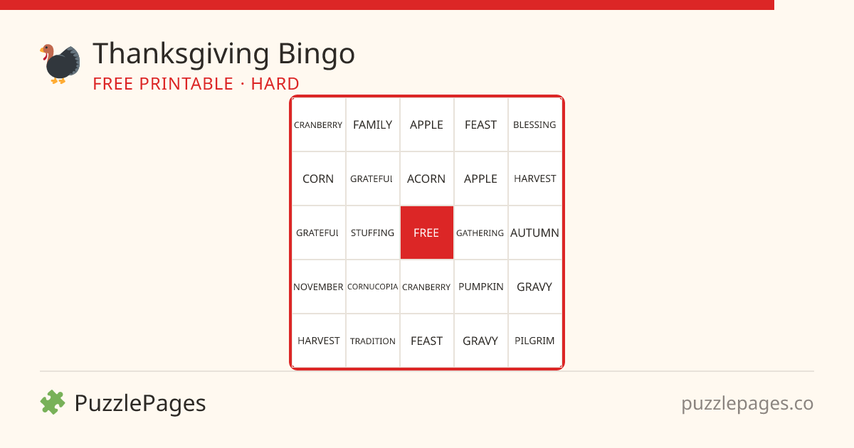Thanksgiving Hard printable bingo preview — free to print from PuzzlePages