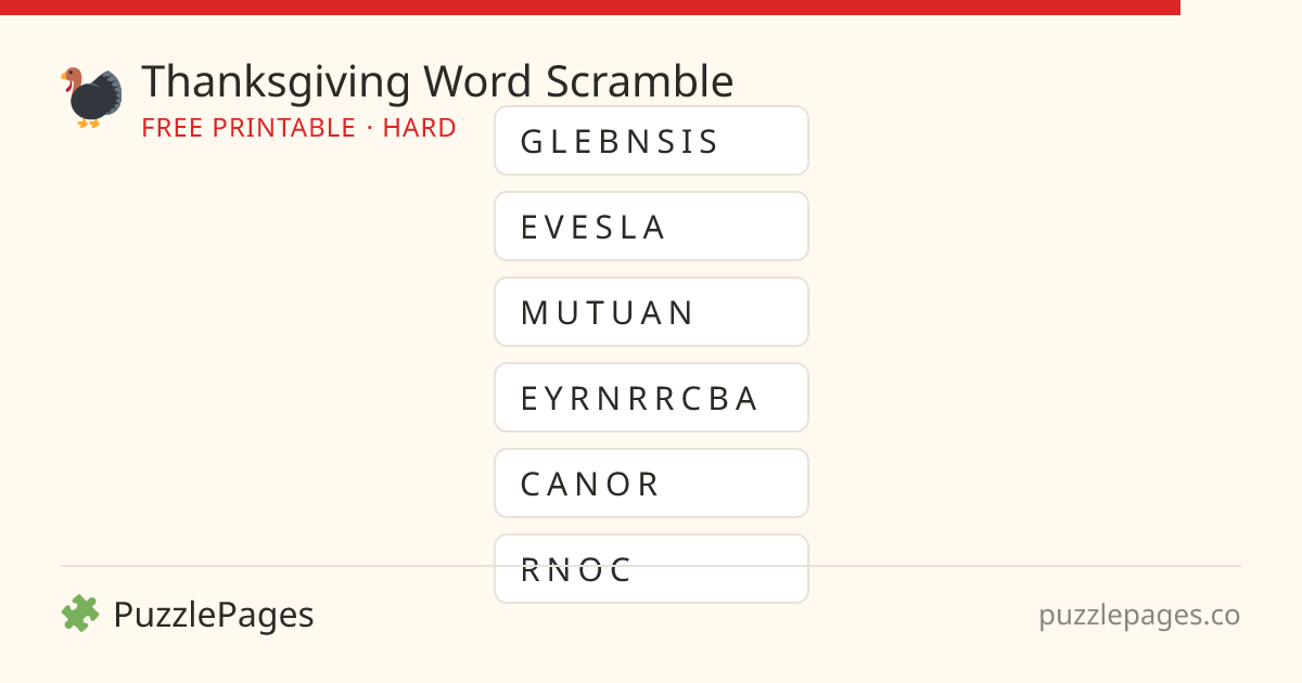 Thanksgiving Hard printable word scramble preview — free to print from PuzzlePages