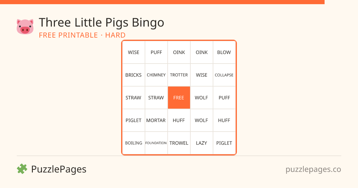 Three Little Pigs Hard printable bingo preview — free to print from PuzzlePages