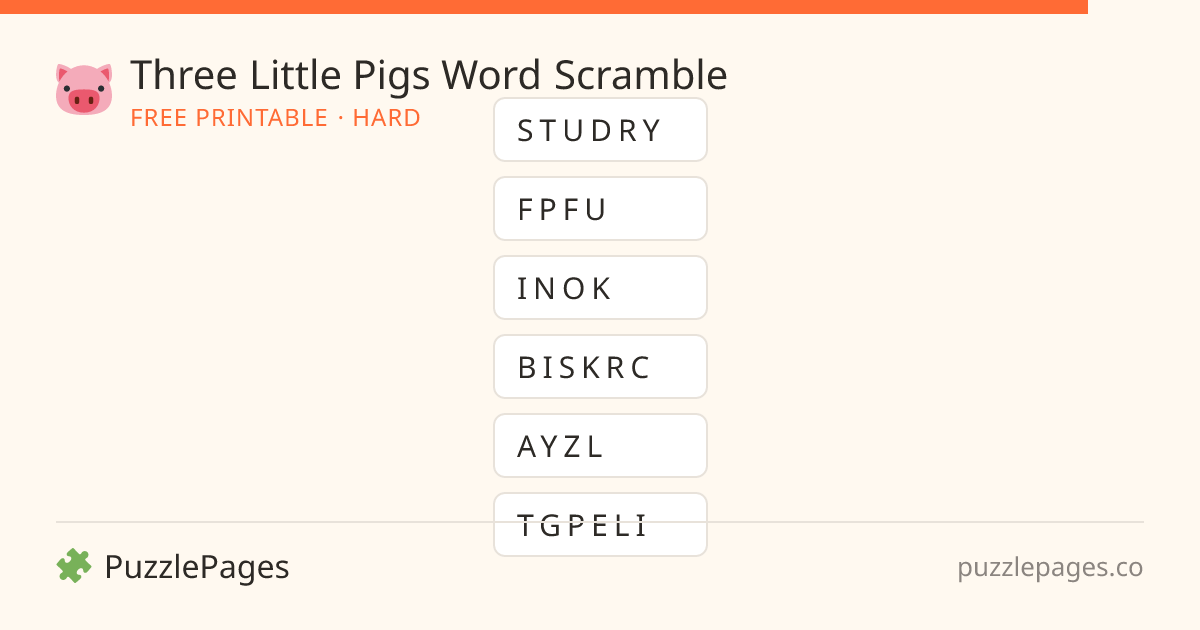 Three Little Pigs Hard printable word scramble preview — free to print from PuzzlePages