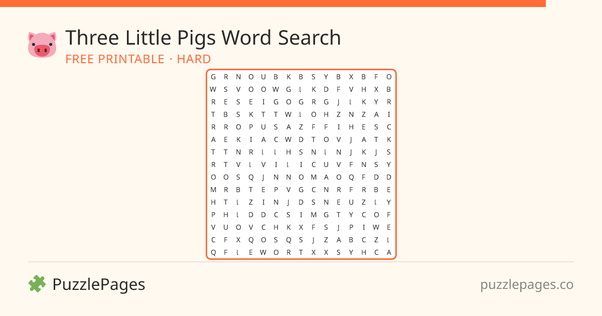 Three Little Pigs Hard printable word search preview — free to print from PuzzlePages