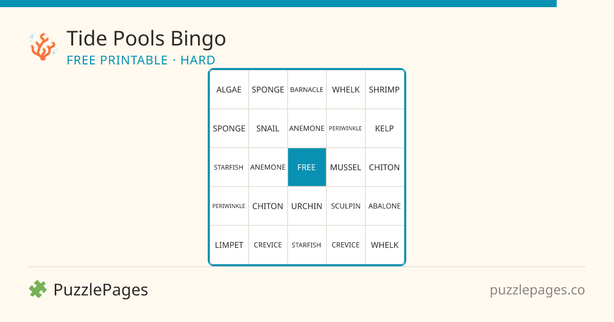 Tide Pools Hard printable bingo preview — free to print from PuzzlePages