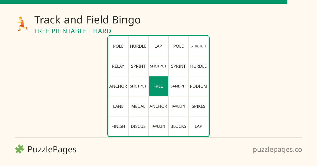 Track and Field Hard printable bingo preview — free to print from PuzzlePages