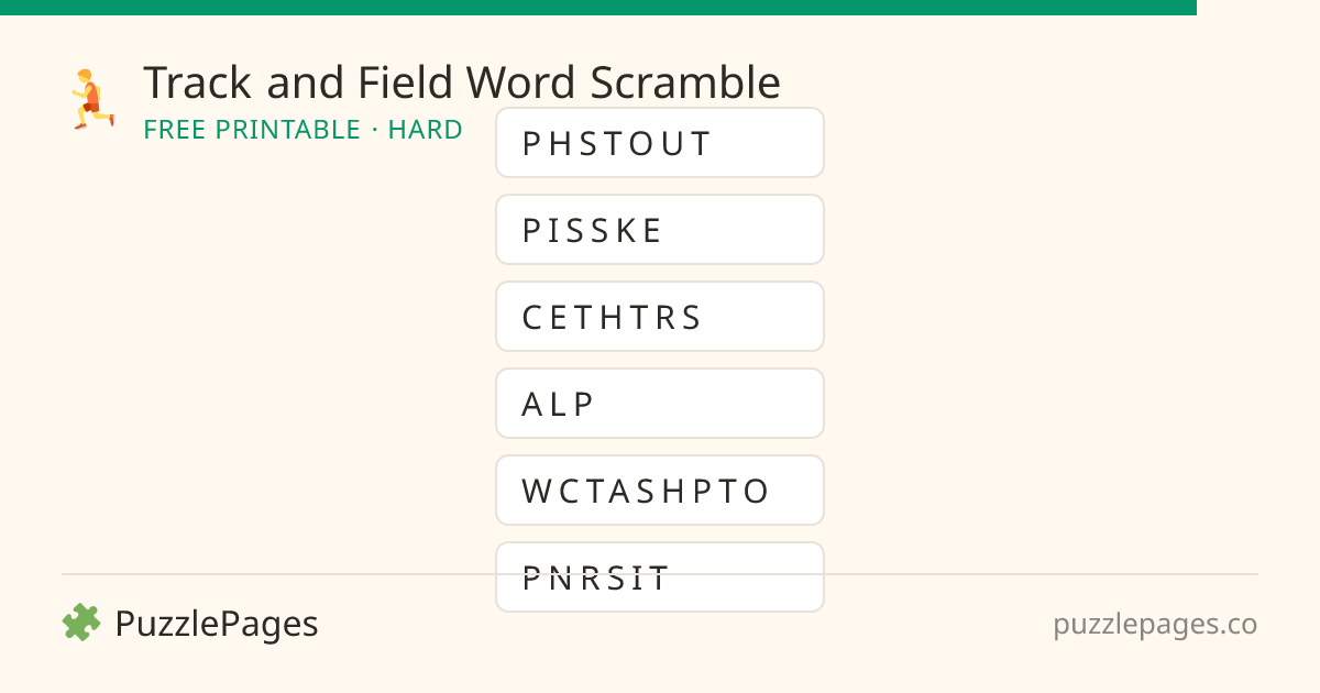 Track and Field Hard printable word scramble preview — free to print from PuzzlePages