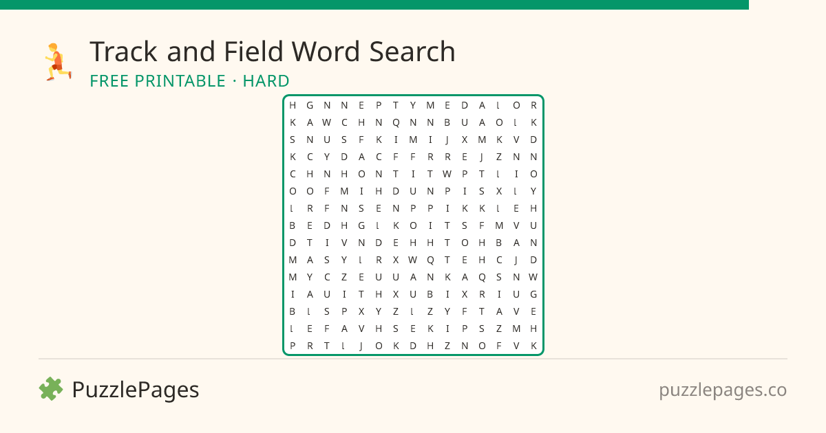 Track and Field Hard printable word search preview — free to print from PuzzlePages