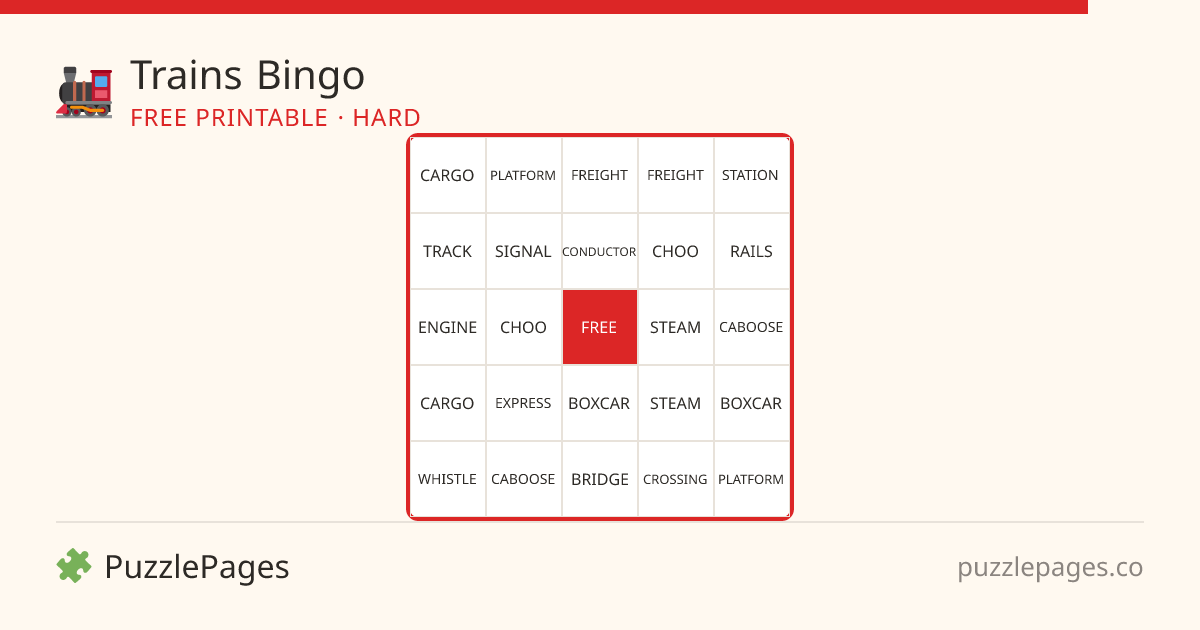 Trains Hard printable bingo preview — free to print from PuzzlePages