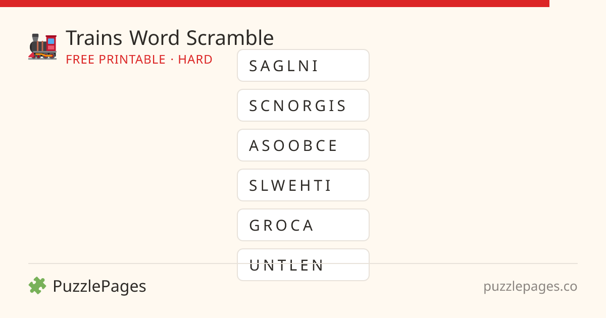 Trains Hard printable word scramble preview — free to print from PuzzlePages