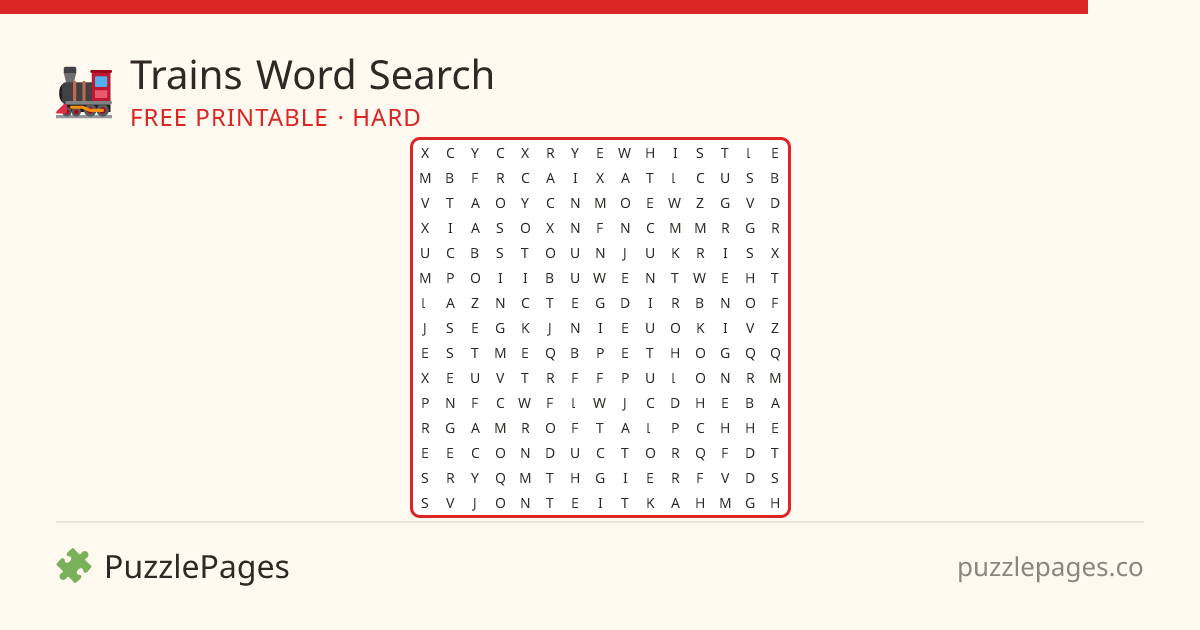 Trains Hard printable word search preview — free to print from PuzzlePages