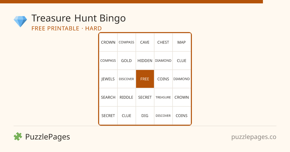 Treasure Hunt Hard printable bingo preview — free to print from PuzzlePages