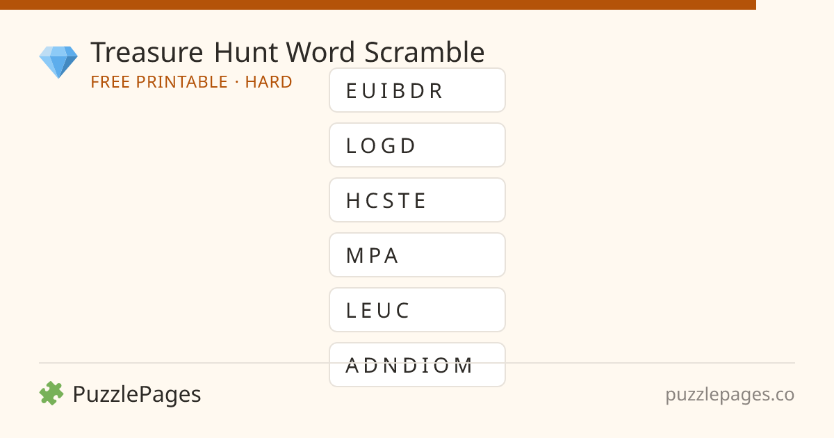 Treasure Hunt Hard printable word scramble preview — free to print from PuzzlePages