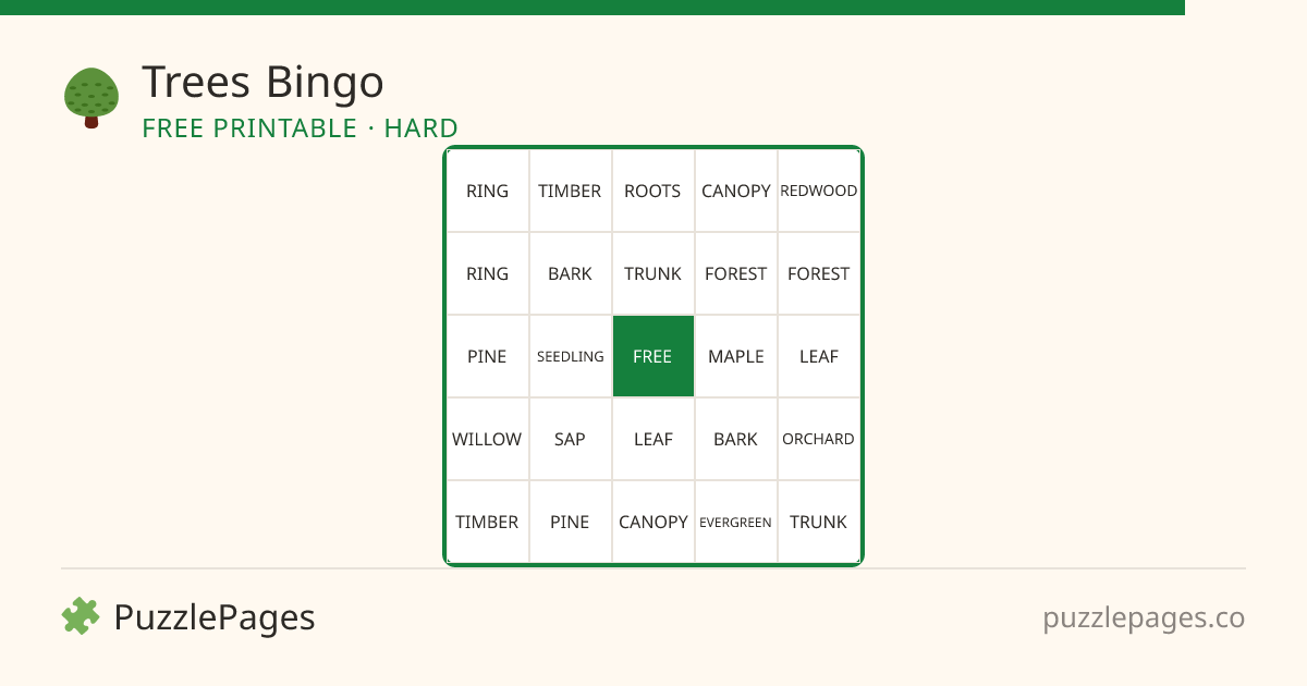 Trees Hard printable bingo preview — free to print from PuzzlePages