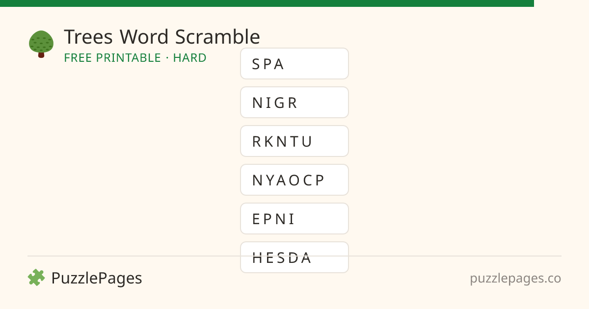 Trees Hard printable word scramble preview — free to print from PuzzlePages