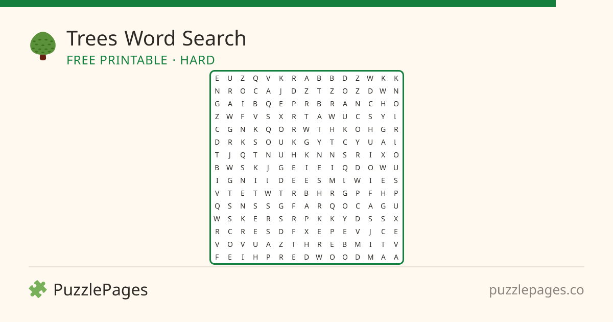 Trees Hard printable word search preview — free to print from PuzzlePages