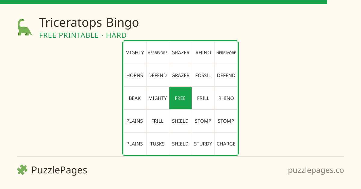 Triceratops Hard printable bingo preview — free to print from PuzzlePages