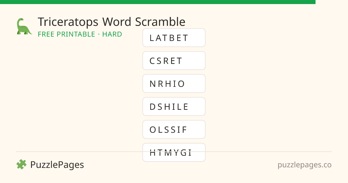 Triceratops Hard printable word scramble preview — free to print from PuzzlePages