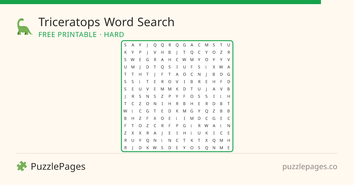 Triceratops Hard printable word search preview — free to print from PuzzlePages