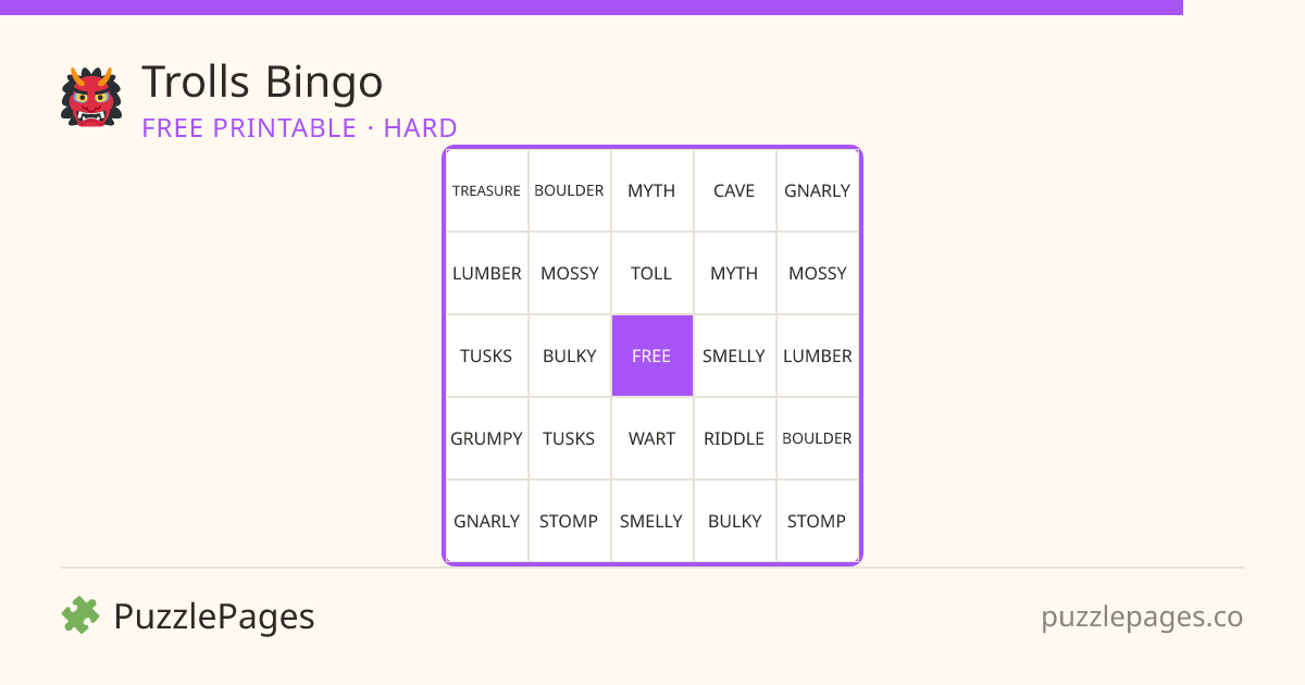 Trolls Hard printable bingo preview — free to print from PuzzlePages