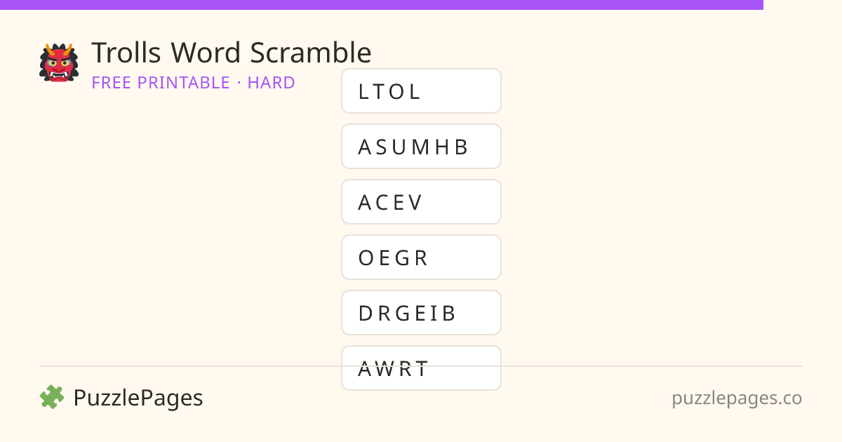 Trolls Hard printable word scramble preview — free to print from PuzzlePages