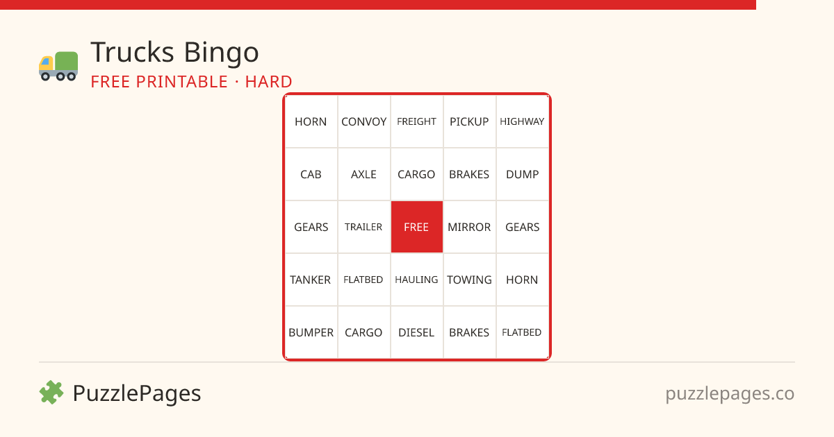 Trucks Hard printable bingo preview — free to print from PuzzlePages