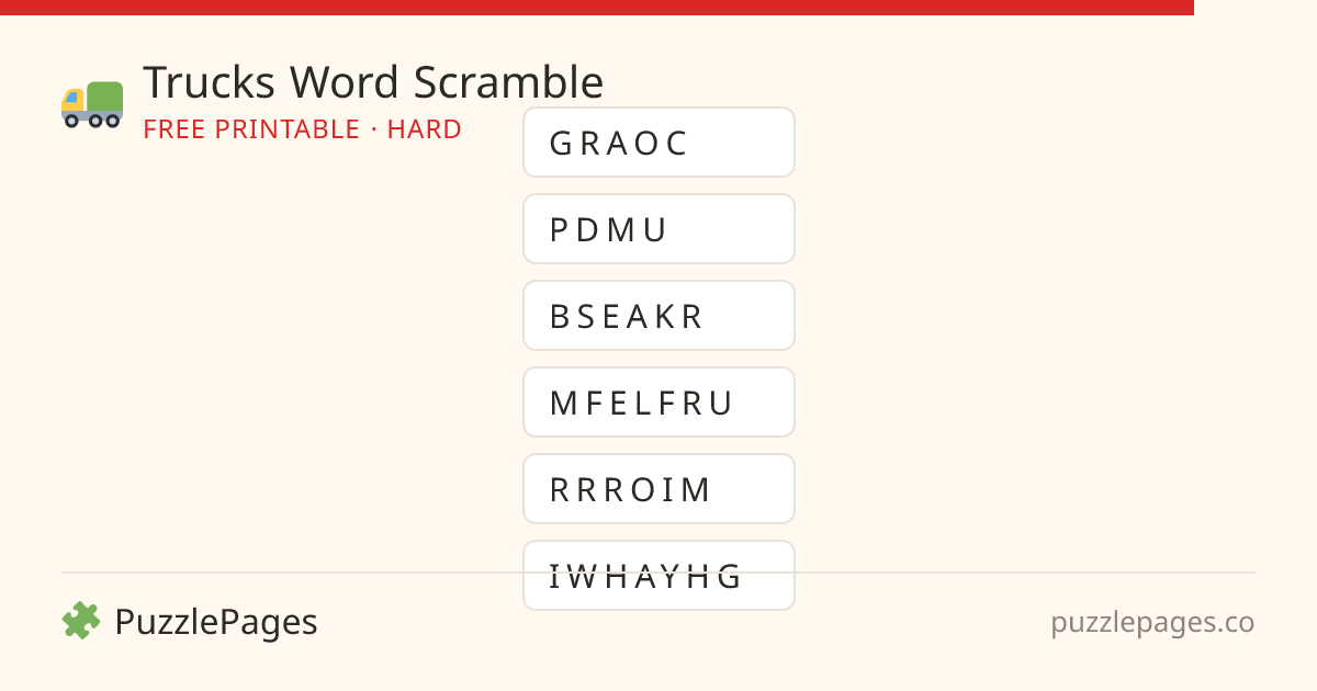 Trucks Hard printable word scramble preview — free to print from PuzzlePages
