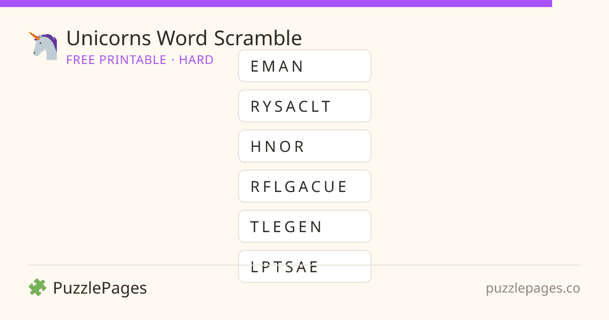 Unicorns Hard printable word scramble preview — free to print from PuzzlePages
