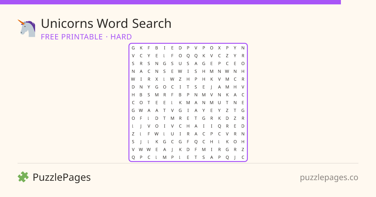Unicorns Hard printable word search preview — free to print from PuzzlePages