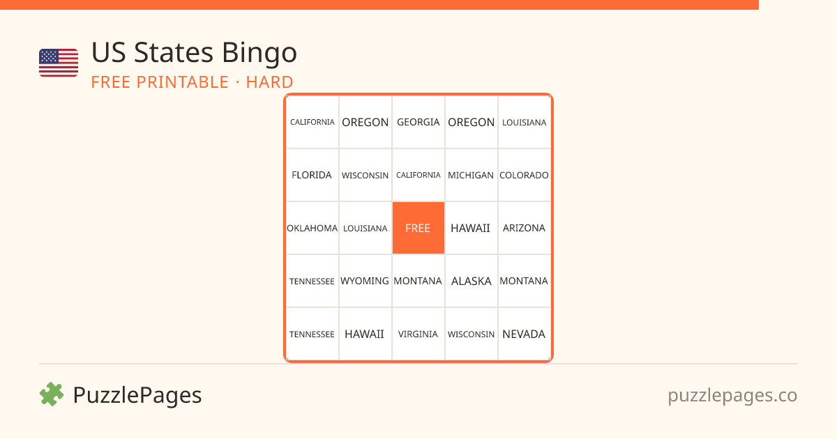 US States Hard printable bingo preview — free to print from PuzzlePages