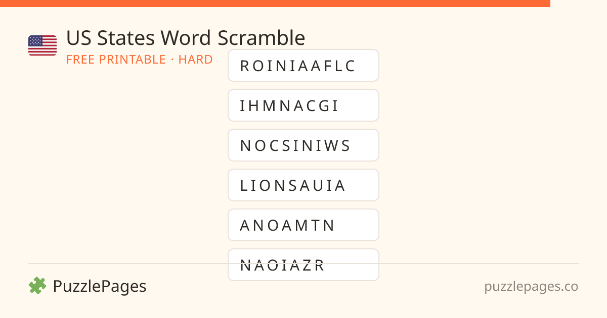 US States Hard printable word scramble preview — free to print from PuzzlePages