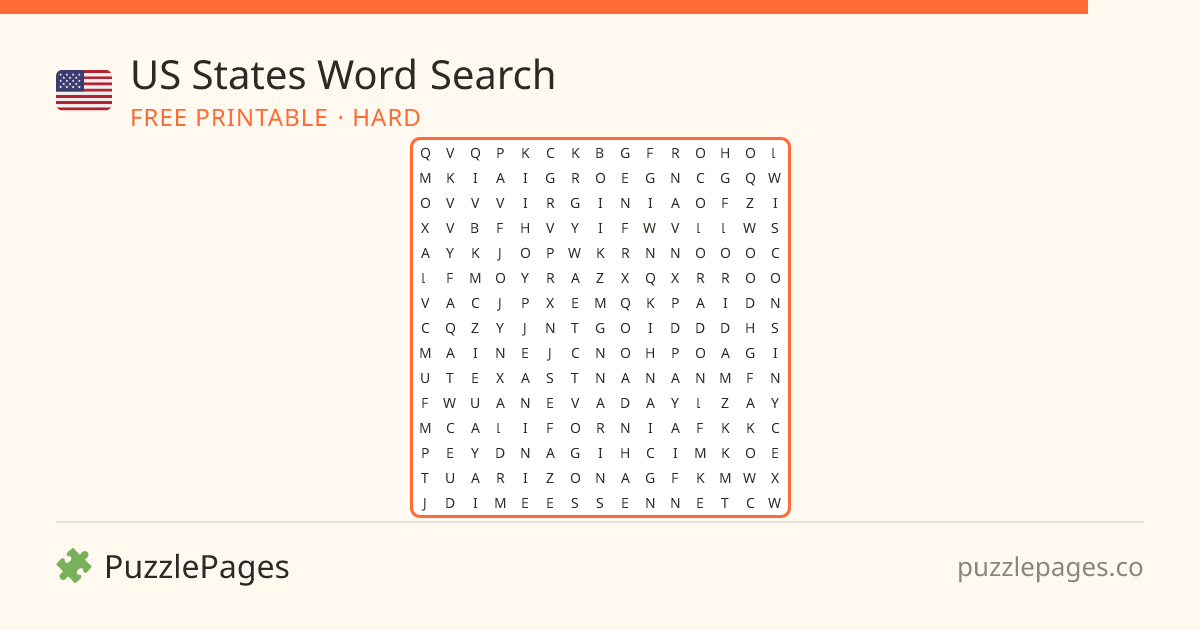 US States Hard printable word search preview — free to print from PuzzlePages
