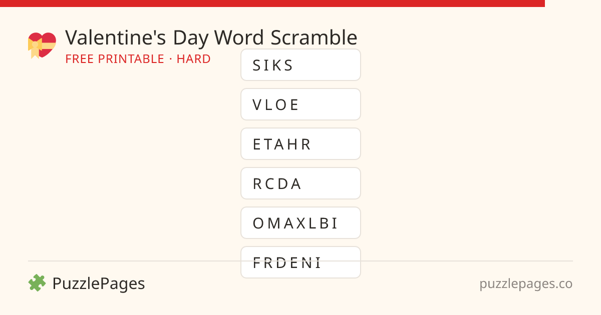 Valentine's Day Hard printable word scramble preview — free to print from PuzzlePages