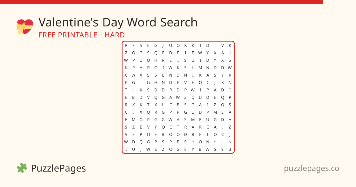 Valentine's Day Hard printable word search preview — free to print from PuzzlePages