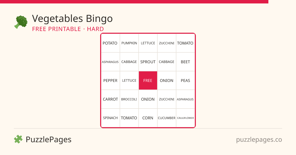 Vegetables Hard printable bingo preview — free to print from PuzzlePages